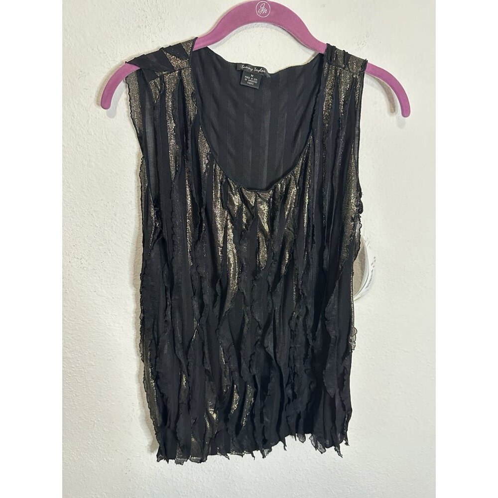 Sunny Taylor Metallic Black Gold Shredded Fringe Sleeveless Tank Top Size M USA